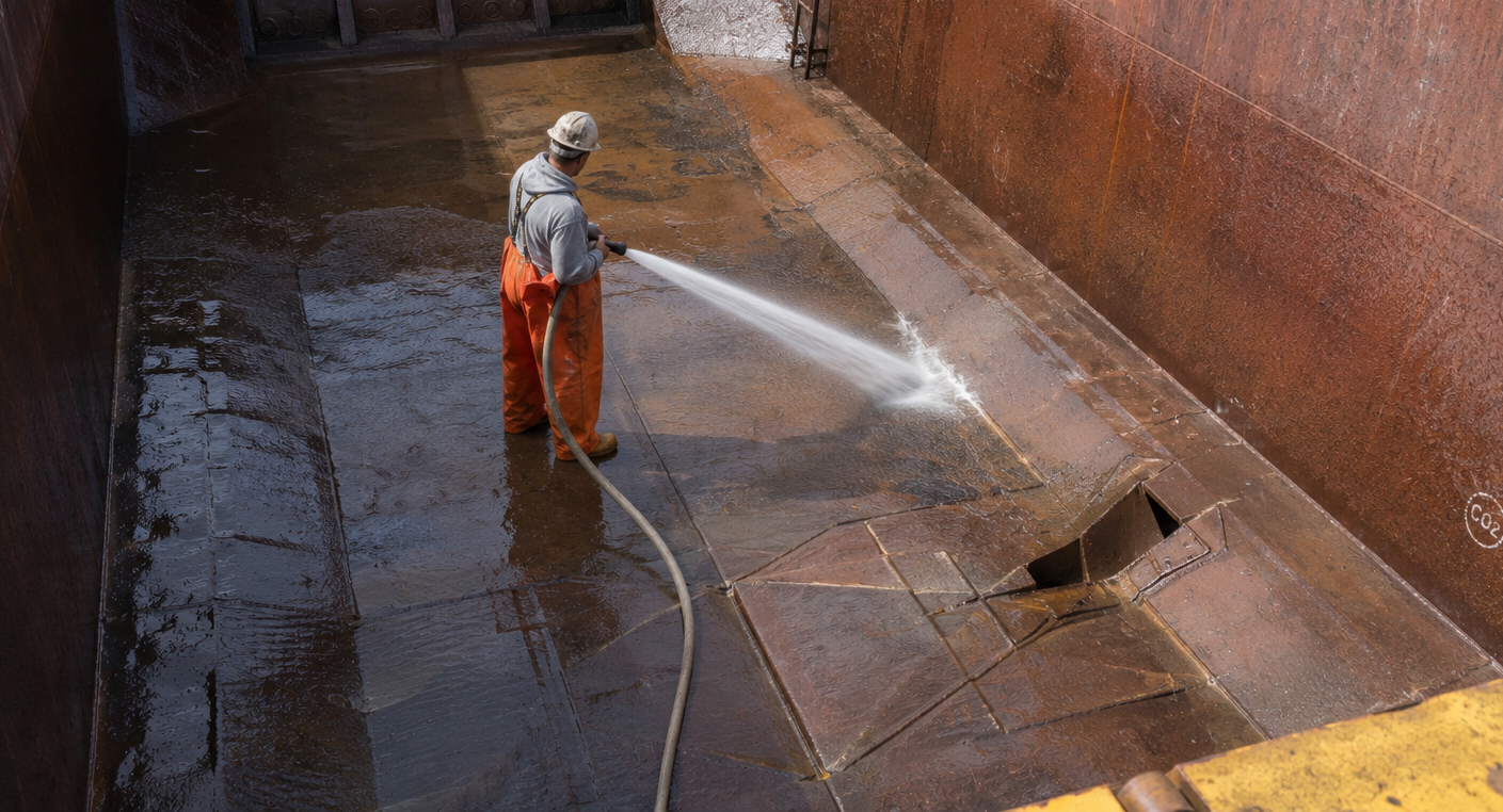 Worker in orange PPE hosing down interior of cargo barge hold
